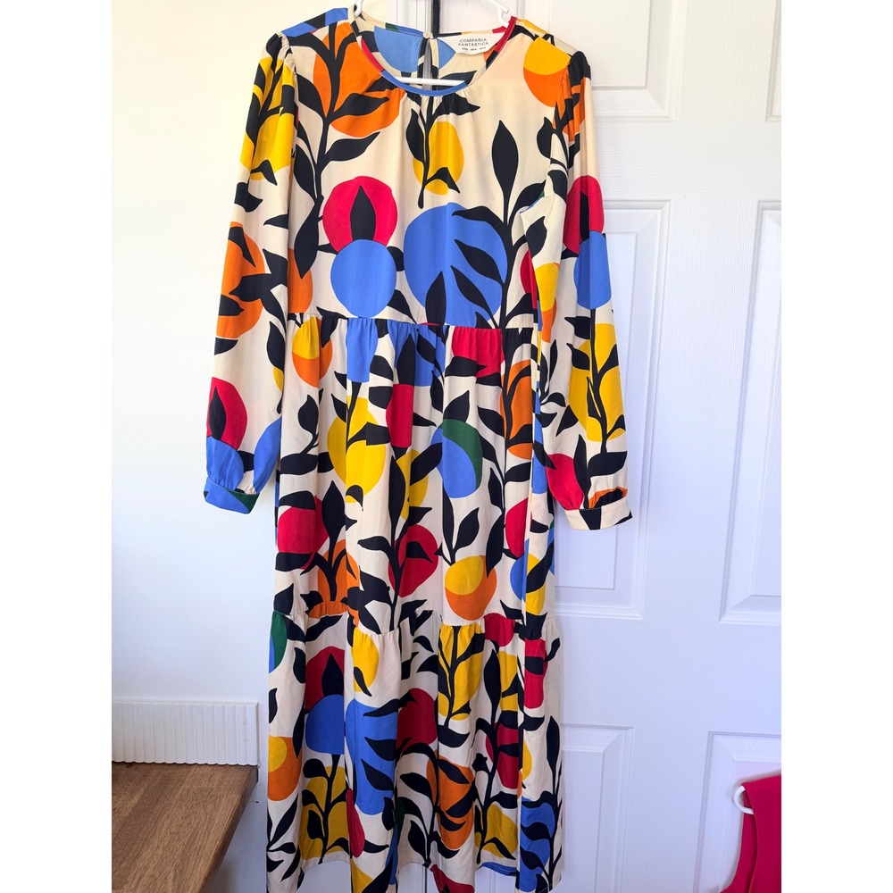 Compania Fantastica Abstract Floral Tiered Midi Dress Long Sleeve Multicolor L
